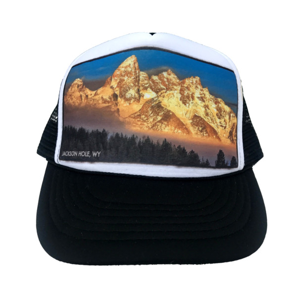 AVALON7 frosty trees Tetons trucker hat designed in Jackson Hole, Wyoming