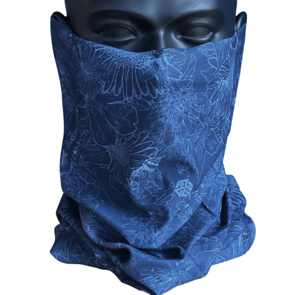 AVALON7 Blue flowers illustrated neck gaiter facemask by Katie Cooney Jackson Hole Wy