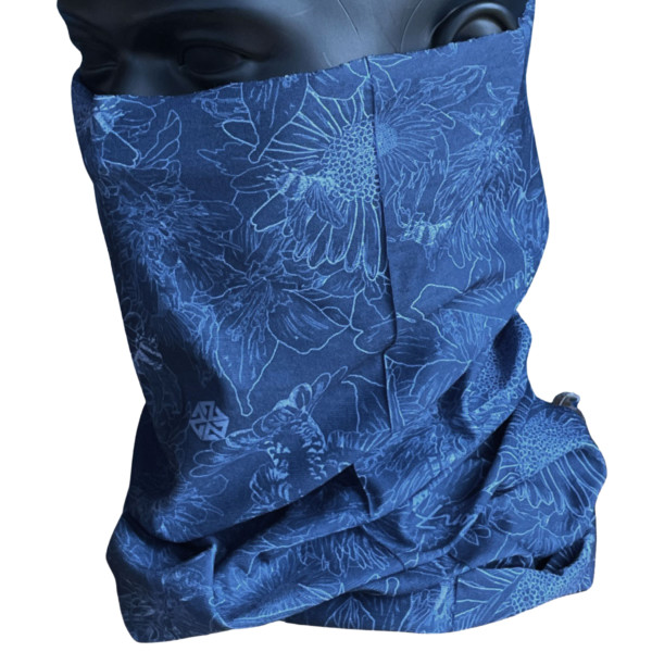 AVALON7 Blue flowers illustrated neck gaiter facemask by Katie Cooney Jackson Hole Wy