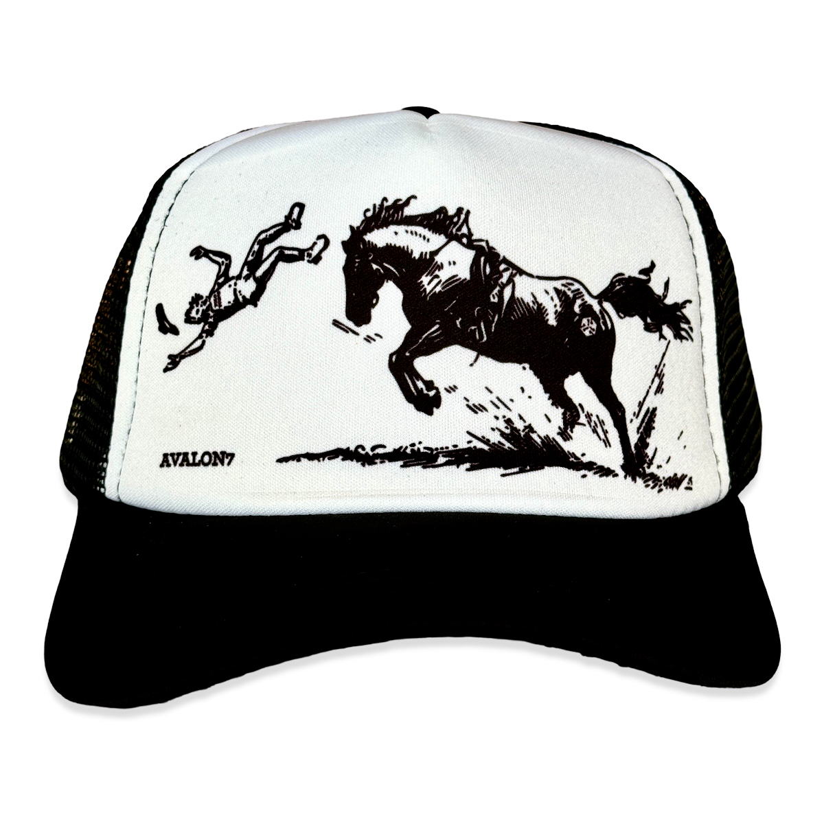 AVALON7 Yolostone Trucker Hat- My First Rodeo bucking horse hat designed in Jackson Hole Wyoming