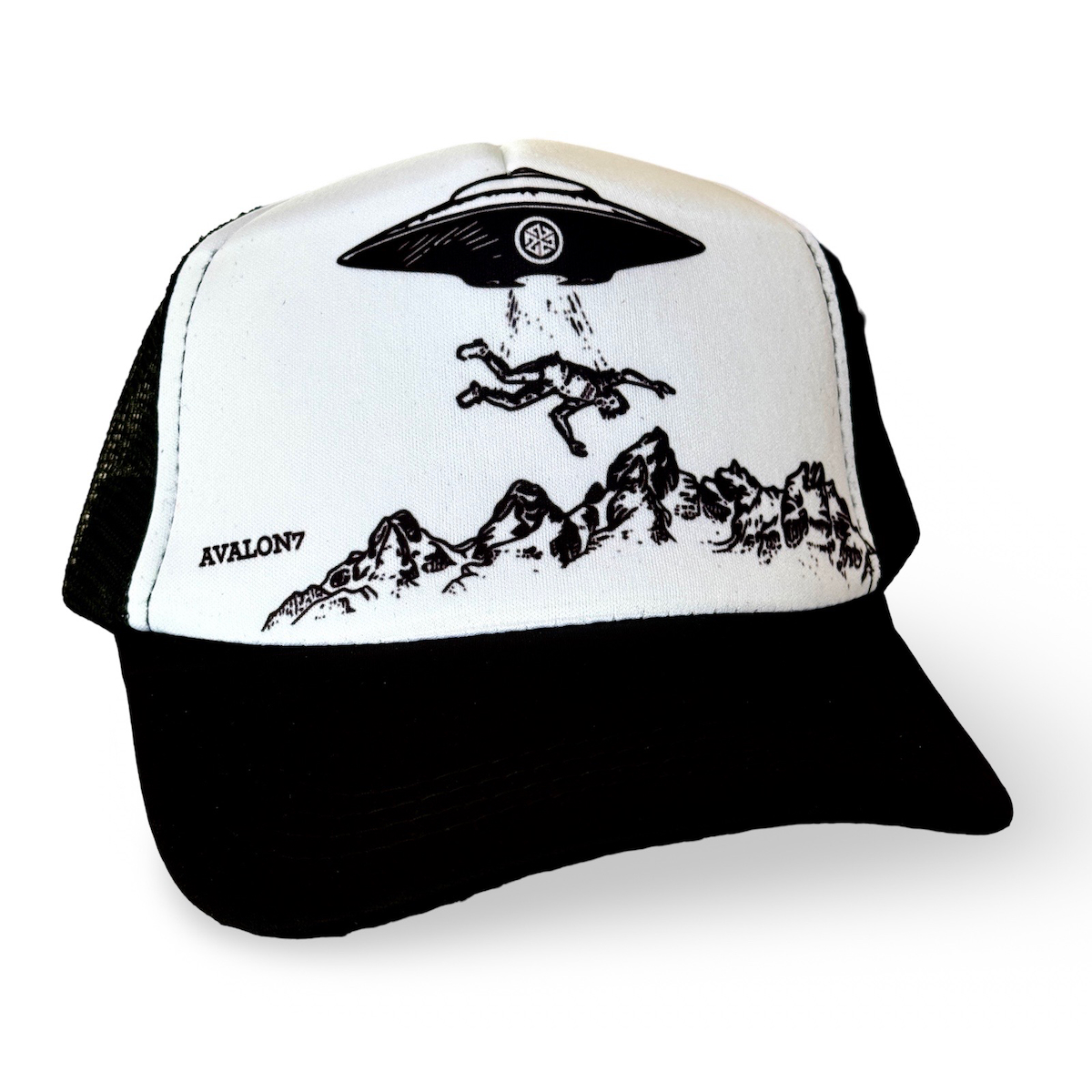 AVALON7 X Yolostone Trucker hat featuring a UFO abduction over the Tetons- Made in Jackson Hole